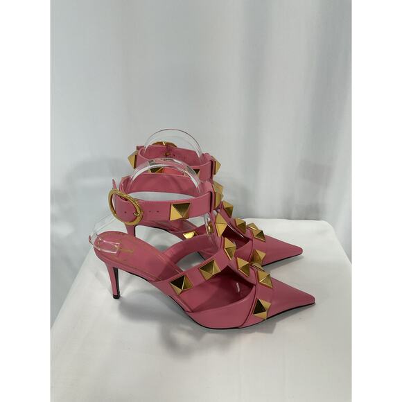 Valentino 'Roman Stud 80" Pink Leather Ankle Strap Pump Size 6 - Picture 3 of 5